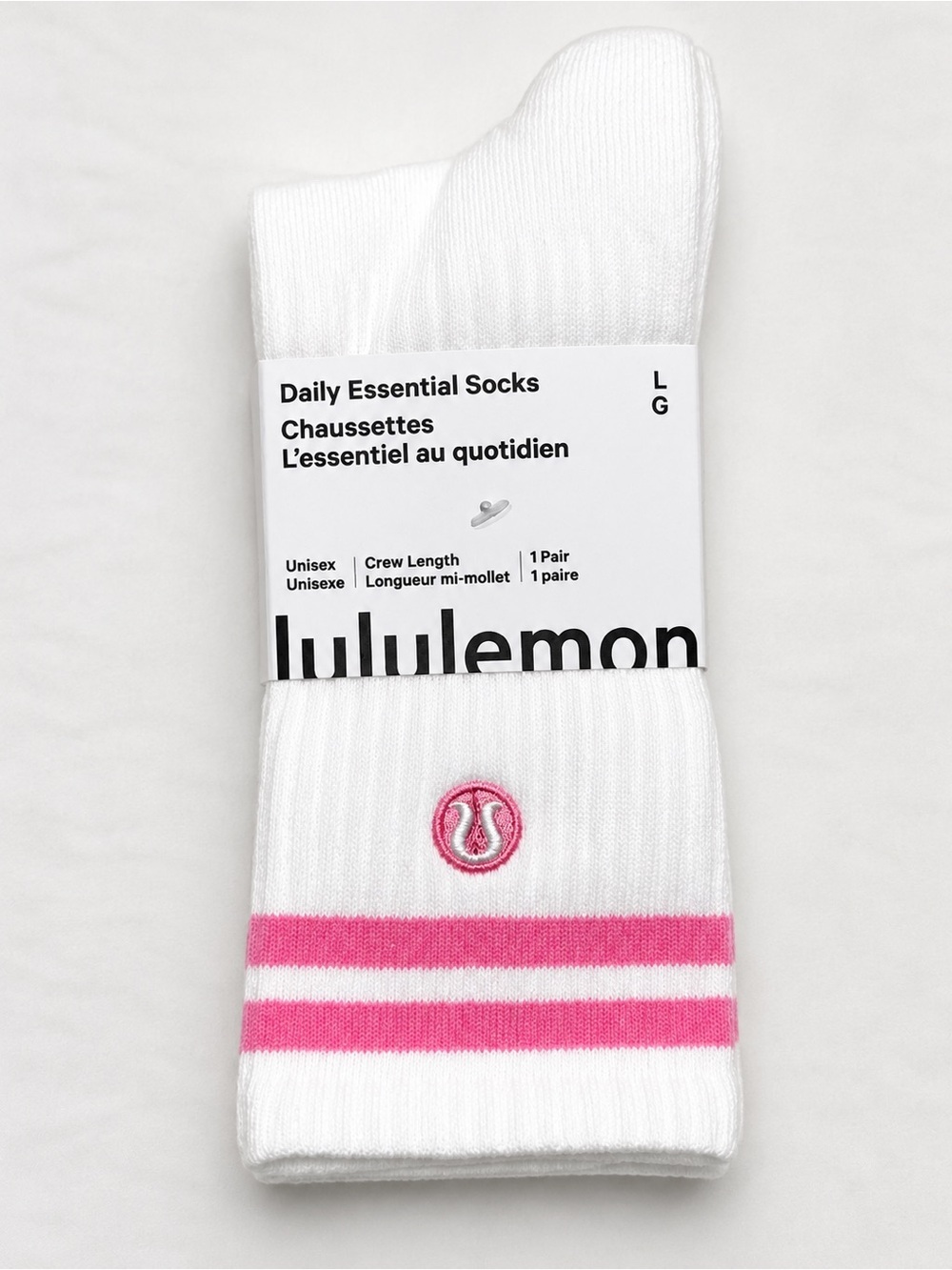 Lululemon Daily Essential Crew Socks White Pink Stripe Logo Size L NWT